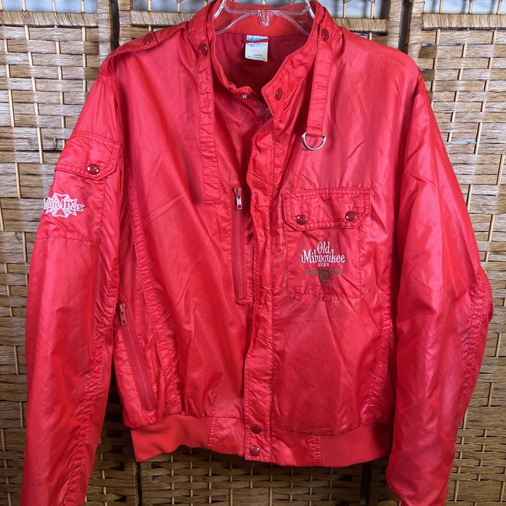 Vintage Old Milwaukee Beer Race Team Blue Max Red Large Windbreaker Race Jacket